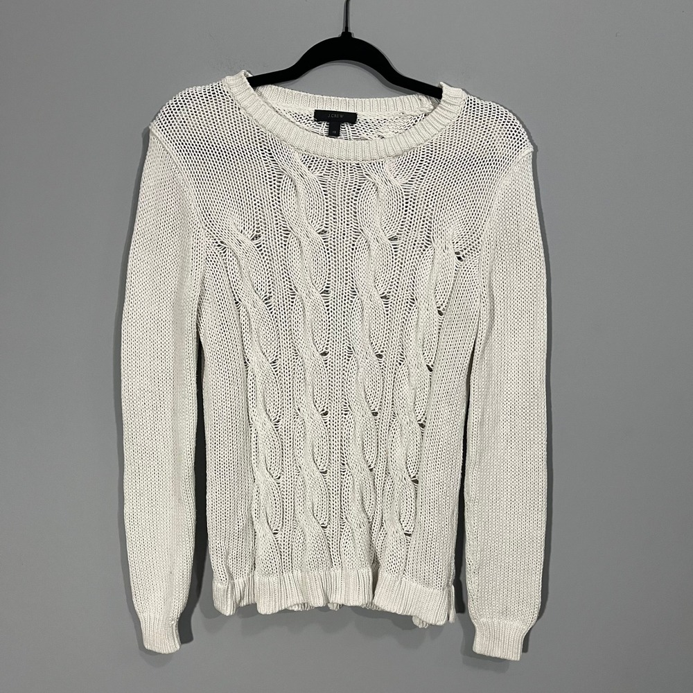 J.Crew Womens White Cotton Cable Knit Open Stitch Crewneck Sweater XS - Picture 1 of 6